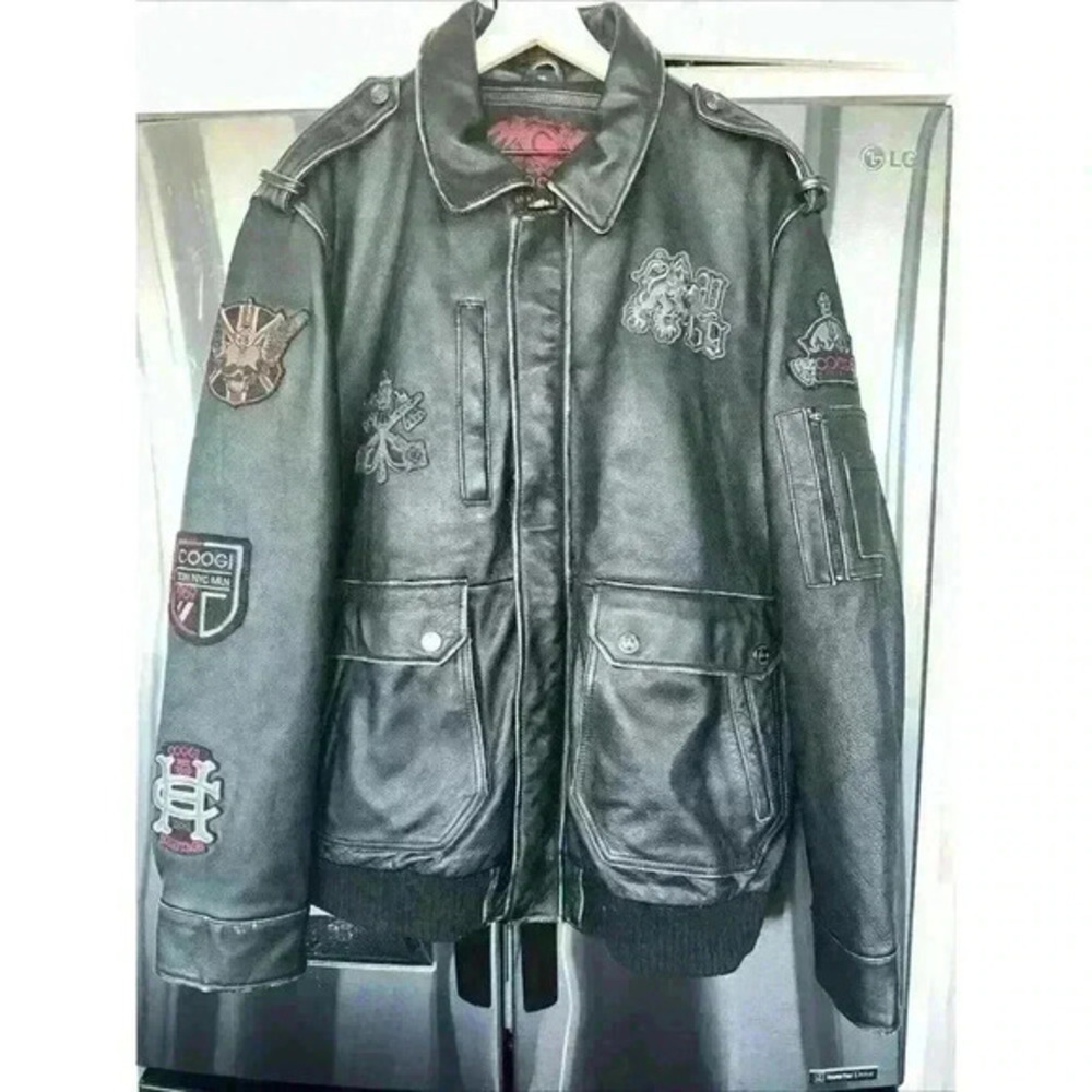Coogi Leather Bomber Jacket Mens 3XL Patches Motorcycle Streetwear‎ Retro